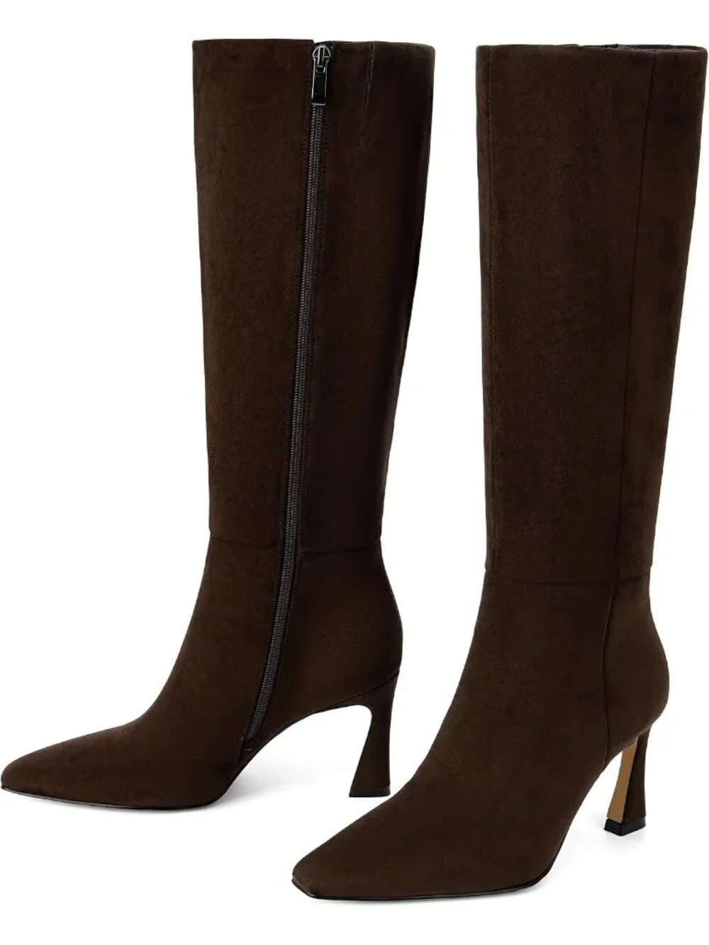Women's Chocolate Faux Suede Square Toe Side Zipper Fashion Heeled Tall Boots